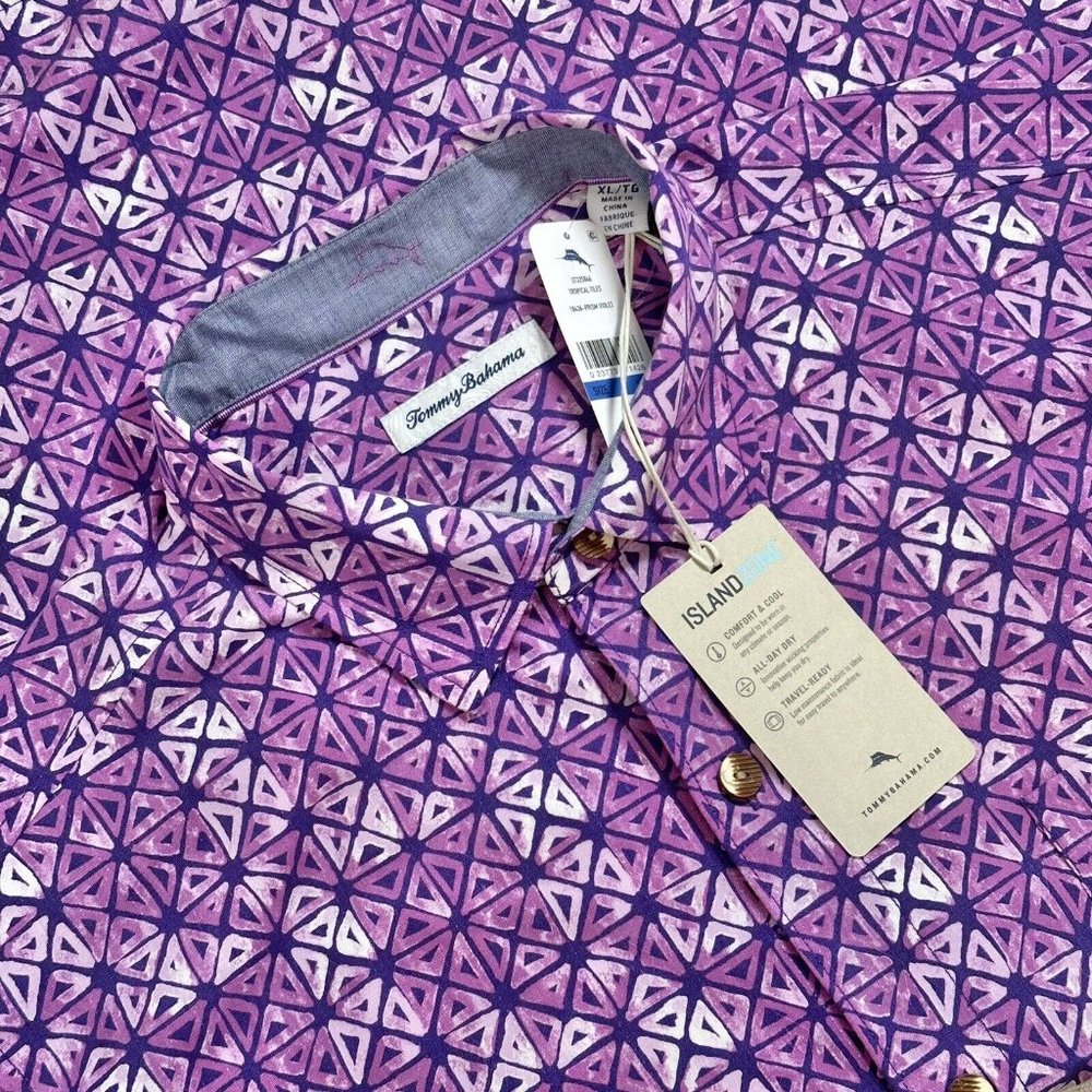 TOMMY BAHAMA Purple Geometric Short Sleeve Shirt Size L BRAND NEW w/ Tags